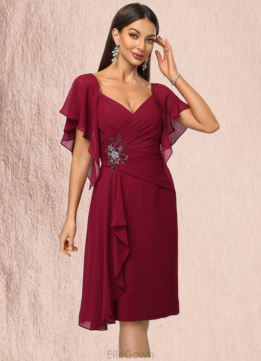 London Sheath/Column V-Neck Knee-Length Chiffon Cocktail Dress With Beading Cascading Ruffles DEP0022350