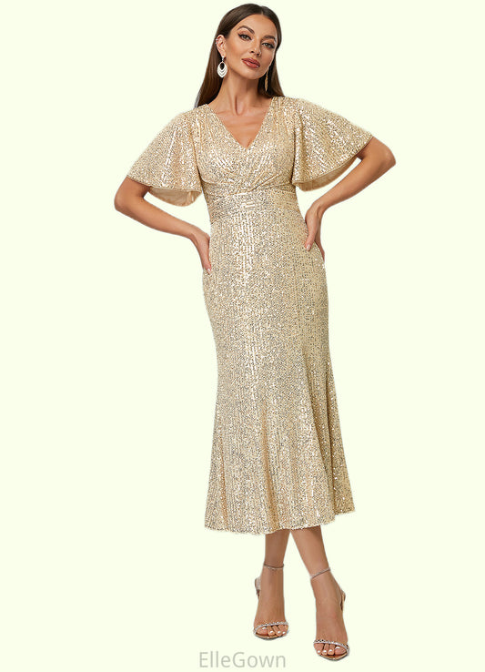 Deanna Trumpet/Mermaid V-Neck Tea-Length Sequin Cocktail Dress DEP0022351