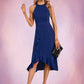 Kayden Cascading Ruffles High Neck Elegant A-line Cotton Blends Asymmetrical Midi Dresses DEP0022353