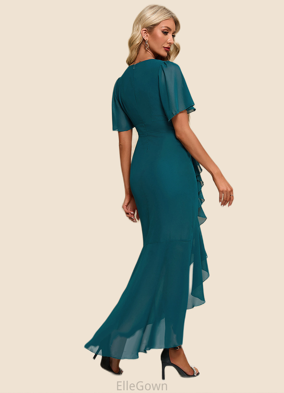 Jazmyn Ruffle V-Neck Elegant Trumpet/Mermaid Chiffon Asymmetrical Dresses DEP0022358