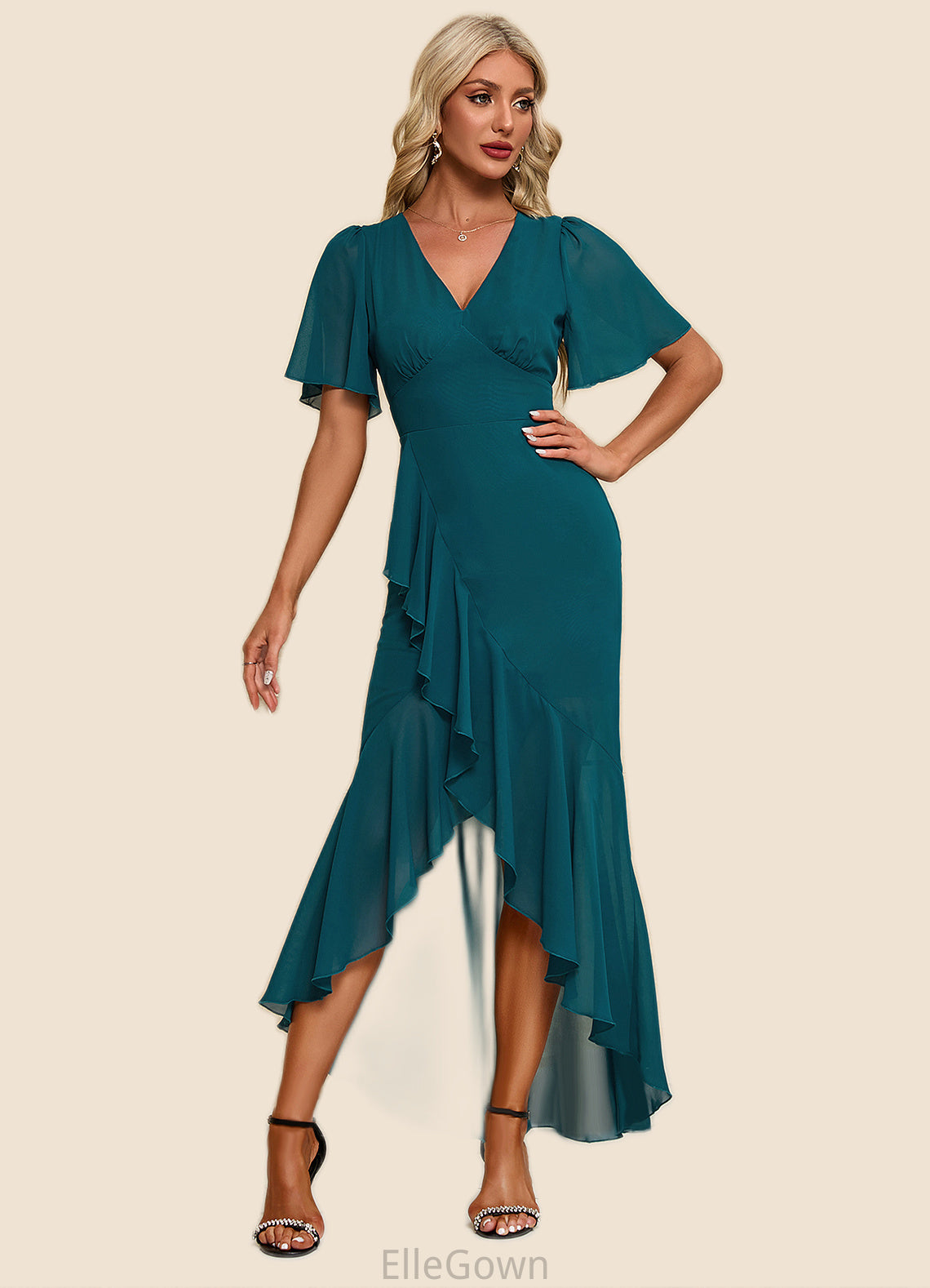 Jazmyn Ruffle V-Neck Elegant Trumpet/Mermaid Chiffon Asymmetrical Dresses DEP0022358