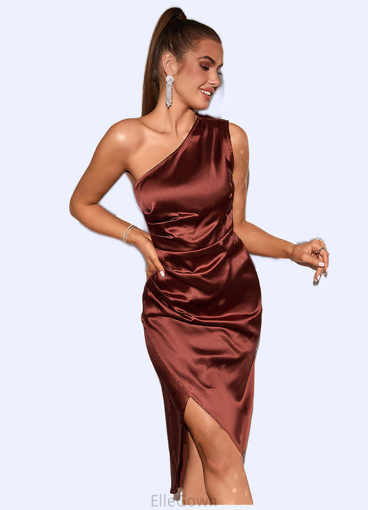 Lois Ruffle One Shoulder Elegant Sheath/Column Satin Midi Dresses DEP0022363