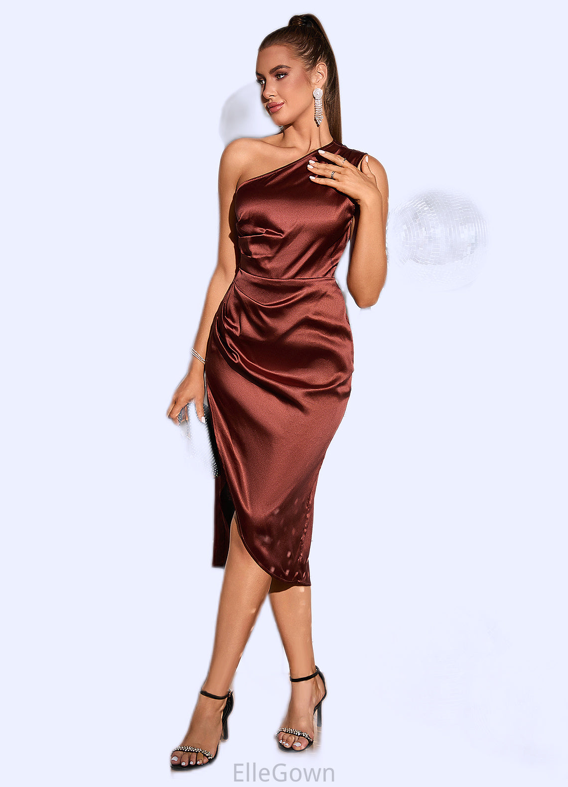 Lois Ruffle One Shoulder Elegant Sheath/Column Satin Midi Dresses DEP0022363