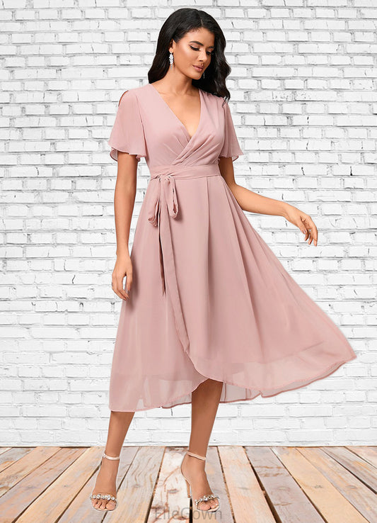 Diana A-line V-Neck Asymmetrical Chiffon Cocktail Dress With Bow Pleated DEP0022368