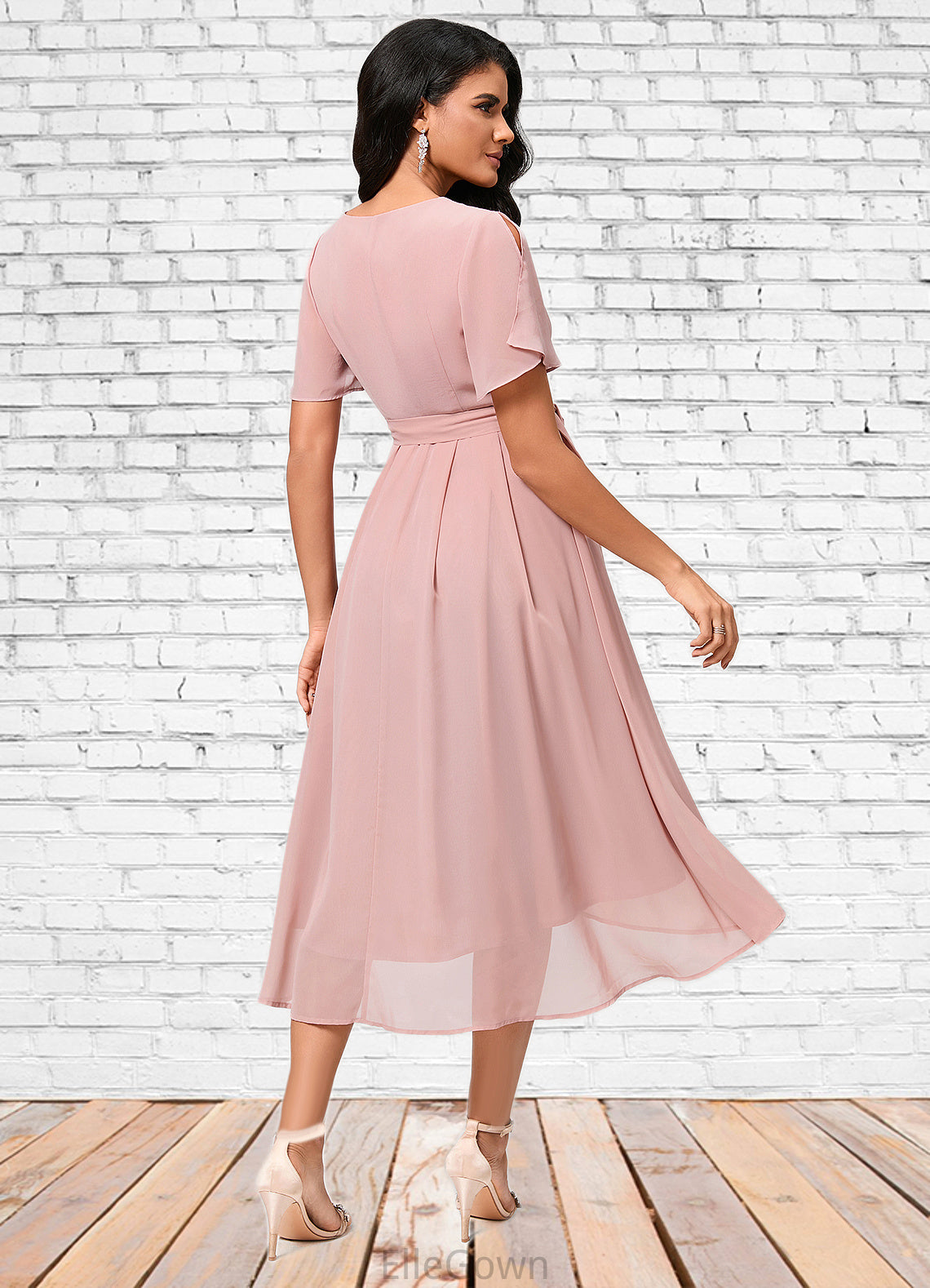 Diana A-line V-Neck Asymmetrical Chiffon Cocktail Dress With Bow Pleated DEP0022368