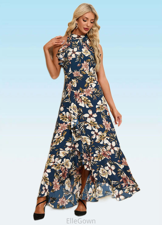 Karly Ruffle Floral Print High Neck Elegant A-line Polyester Asymmetrical Dresses DEP0022373