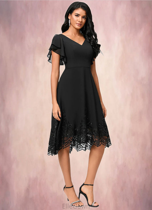 Natalee A-line V-Neck Asymmetrical Chiffon Lace Cocktail Dress With Sequins DEP0022377