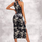 Ashly Floral Print Halter Elegant Bodycon Velvet Asymmetrical Dresses DEP0022380