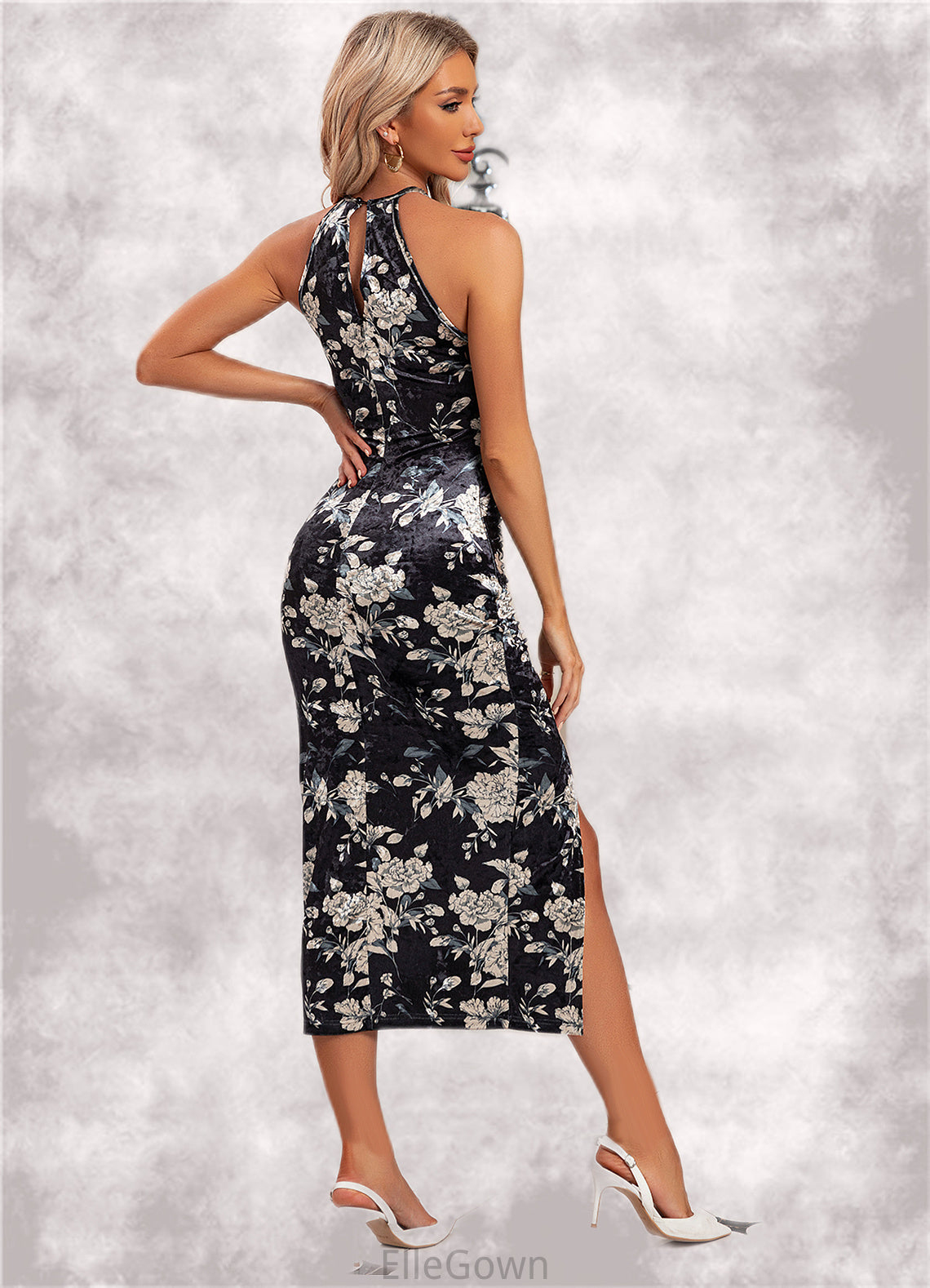 Ashly Floral Print Halter Elegant Bodycon Velvet Asymmetrical Dresses DEP0022380