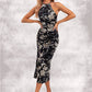 Ashly Floral Print Halter Elegant Bodycon Velvet Asymmetrical Dresses DEP0022380