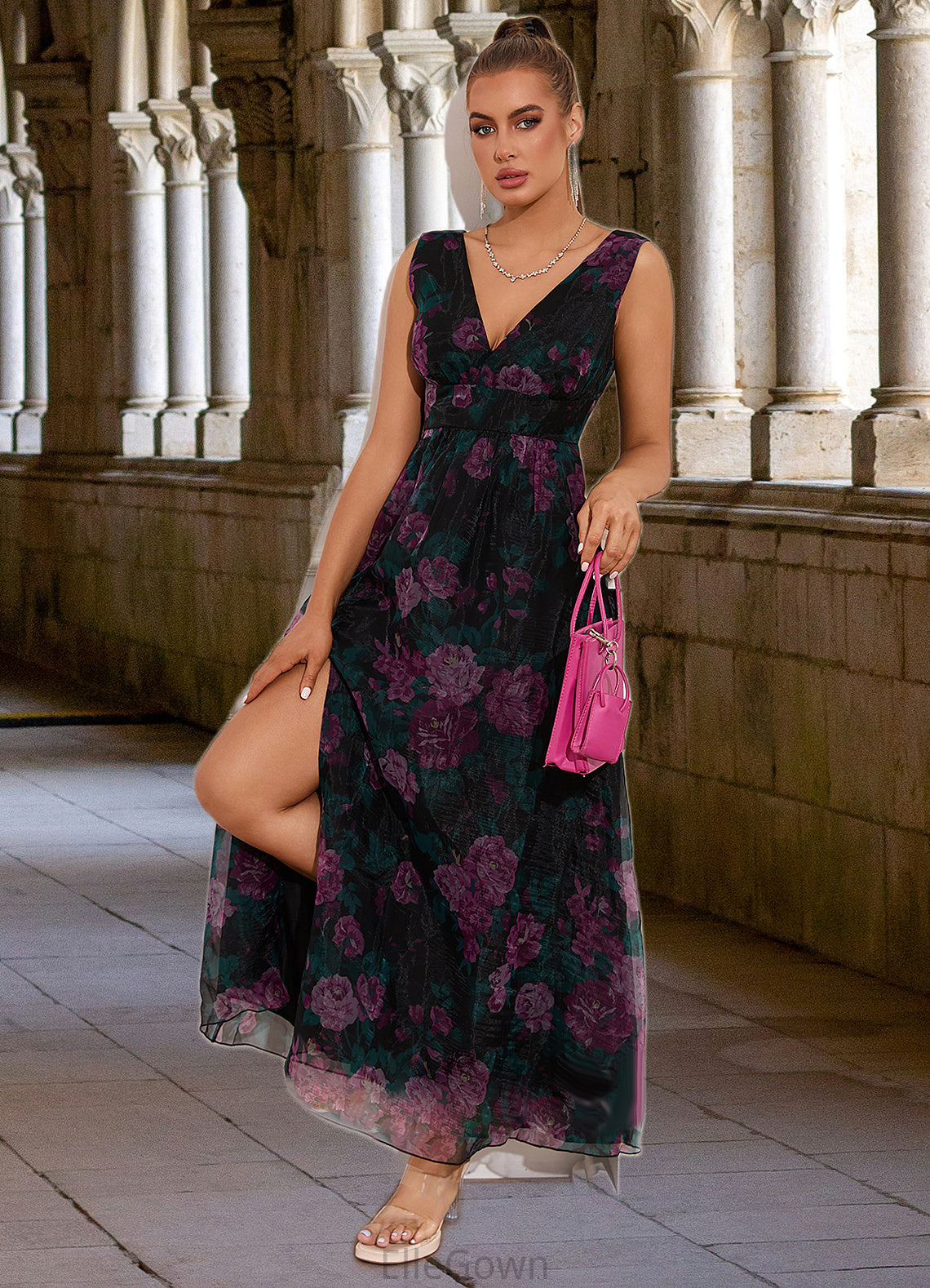 Miriam Floral Print V-Neck Elegant A-line Organza Maxi Dresses DEP0022406