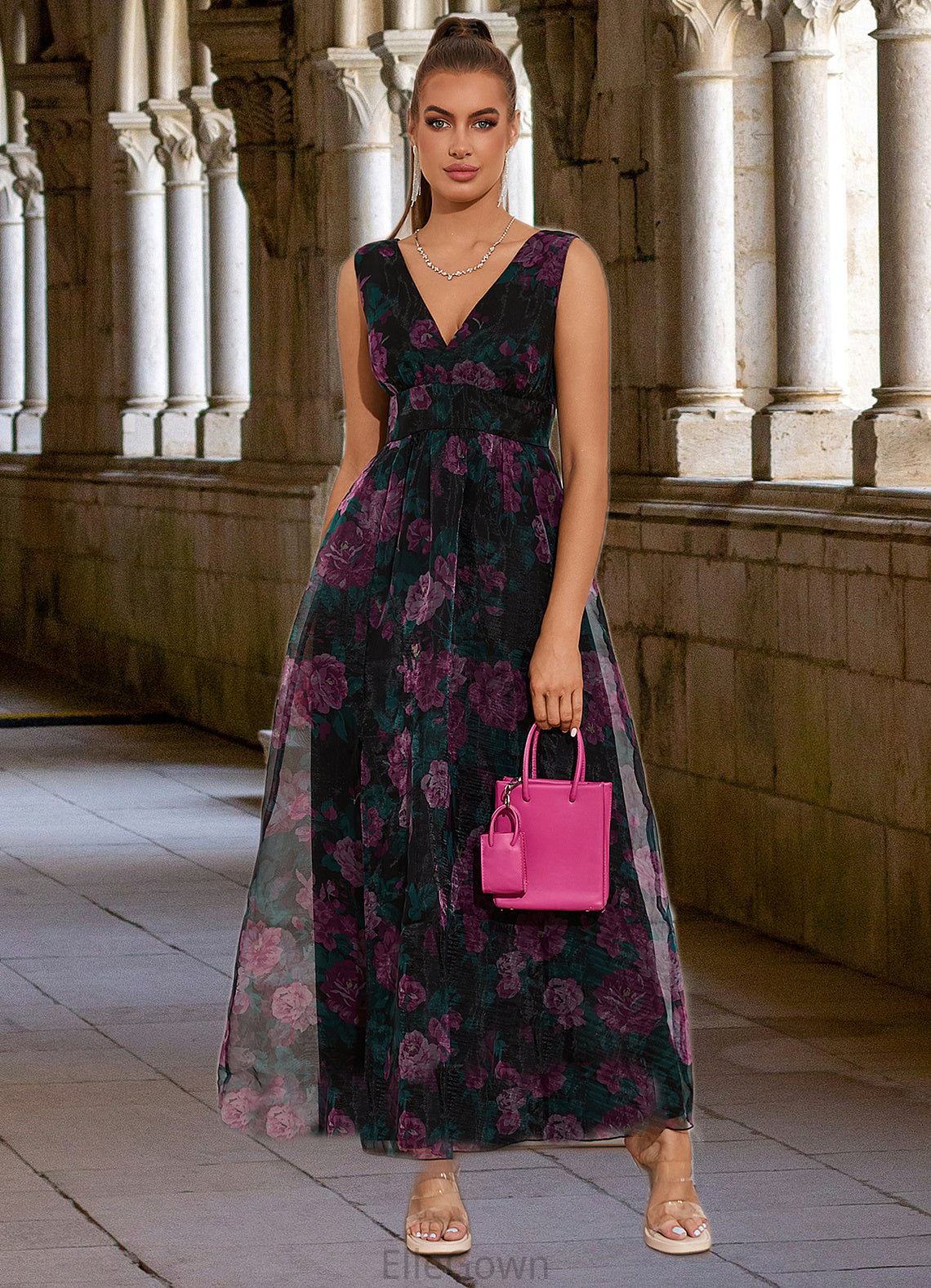 Miriam Floral Print V-Neck Elegant A-line Organza Maxi Dresses DEP0022406