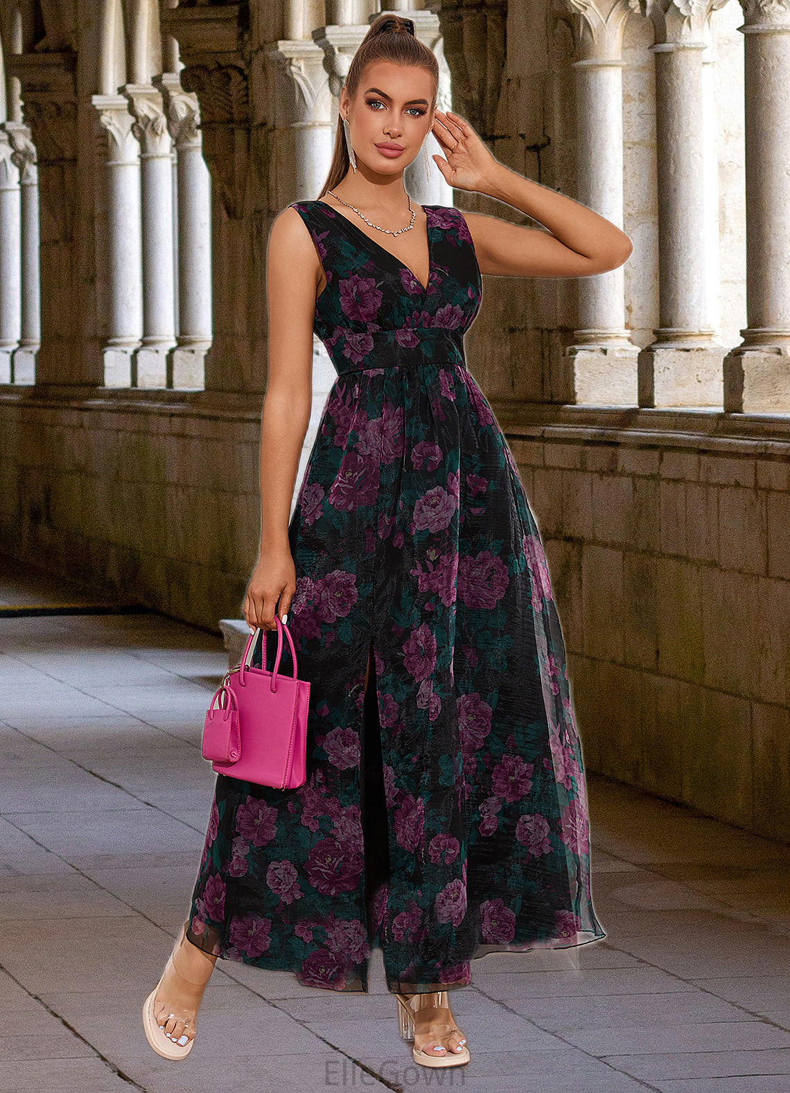 Miriam Floral Print V-Neck Elegant A-line Organza Maxi Dresses DEP0022406