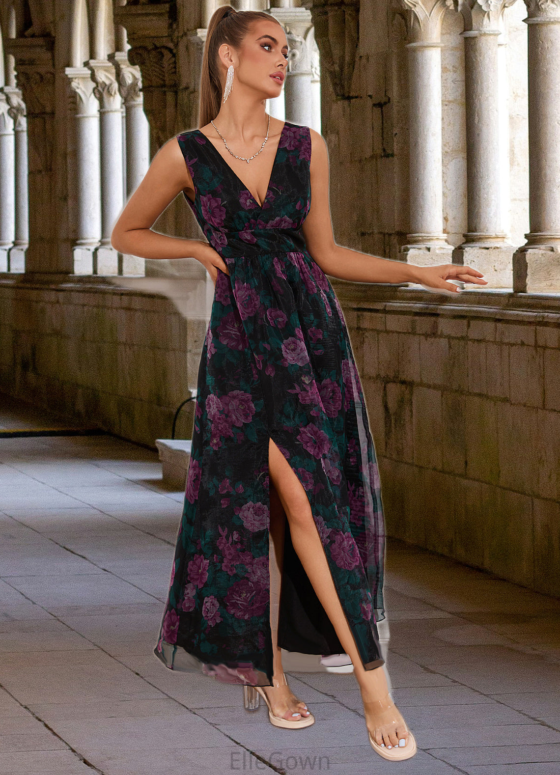 Miriam Floral Print V-Neck Elegant A-line Organza Maxi Dresses DEP0022406