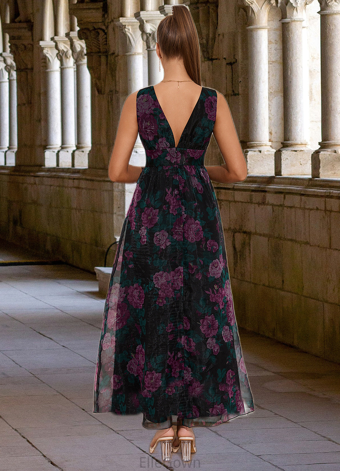 Miriam Floral Print V-Neck Elegant A-line Organza Maxi Dresses DEP0022406