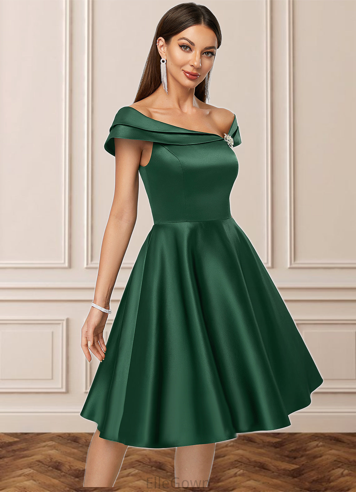 Anya A-line Asymmetrical Knee-Length Satin Cocktail Dress With Rhinestone Crystal Brooch DEP0022407