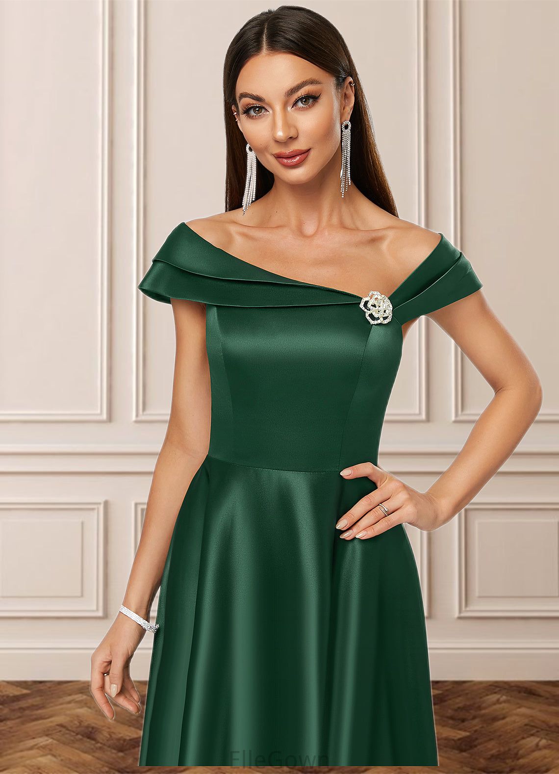 Anya A-line Asymmetrical Knee-Length Satin Cocktail Dress With Rhinestone Crystal Brooch DEP0022407