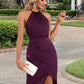 Vera Ruffle High Neck Elegant Sheath/Column Satin Asymmetrical Midi Dresses DEP0022414