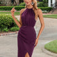 Vera Ruffle High Neck Elegant Sheath/Column Satin Asymmetrical Midi Dresses DEP0022414