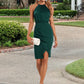 Vera Ruffle High Neck Elegant Sheath/Column Satin Asymmetrical Midi Dresses DEP0022414