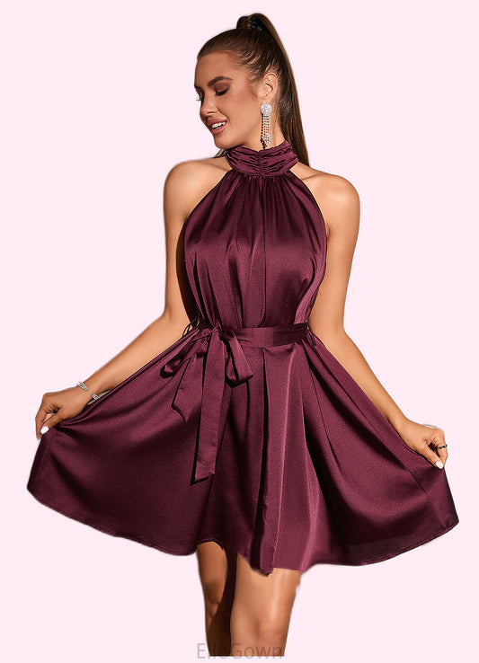 Melanie Ruffle High Neck Elegant A-line Satin Mini Dresses DEP0022436