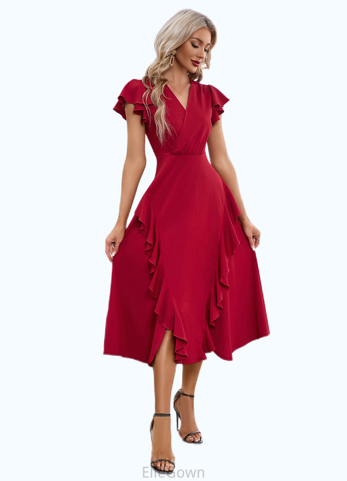 Evelyn Cascading Ruffles V-Neck Elegant A-line Cotton Blends Midi Dresses DEP0022444