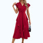 Evelyn Cascading Ruffles V-Neck Elegant A-line Cotton Blends Midi Dresses DEP0022444