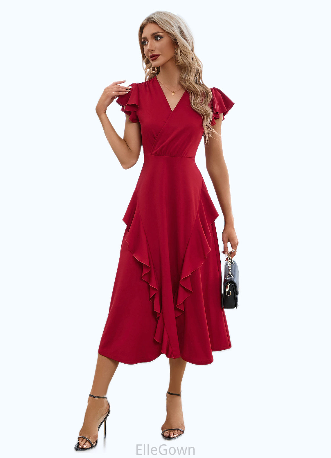 Evelyn Cascading Ruffles V-Neck Elegant A-line Cotton Blends Midi Dresses DEP0022444