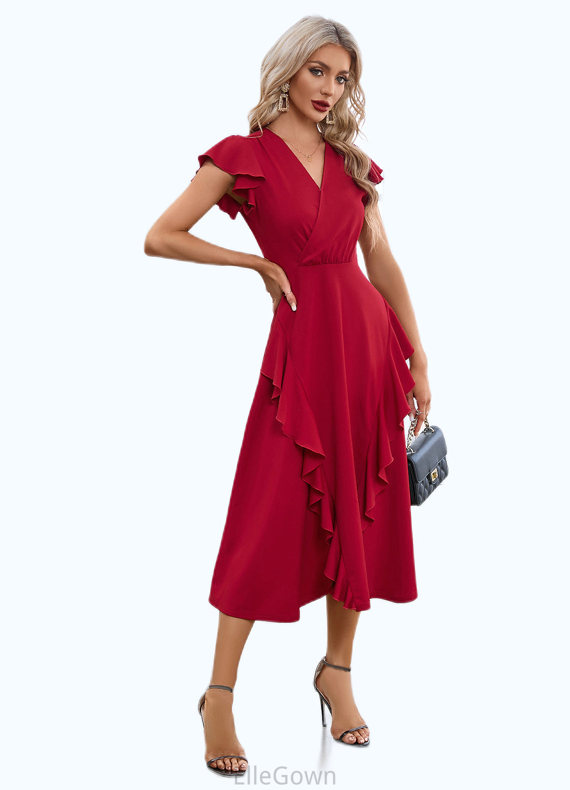 Evelyn Cascading Ruffles V-Neck Elegant A-line Cotton Blends Midi Dresses DEP0022444