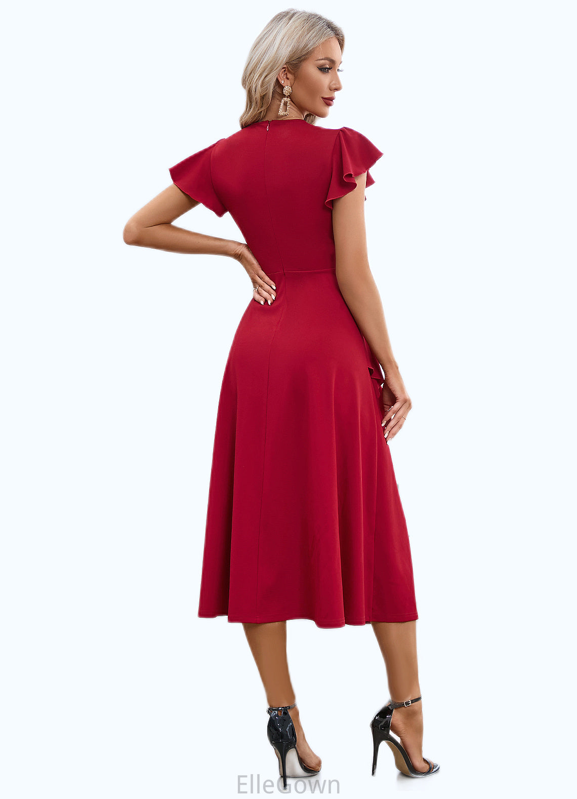 Evelyn Cascading Ruffles V-Neck Elegant A-line Cotton Blends Midi Dresses DEP0022444