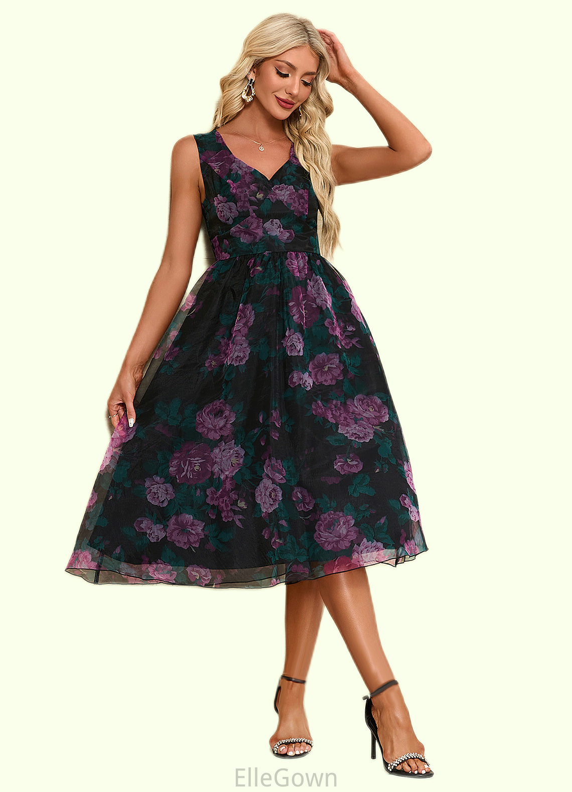 Sarah Floral Print Sweetheart Elegant A-line Organza Midi Dresses DEP0022454