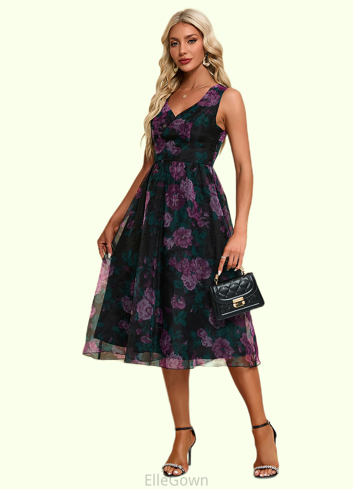 Sarah Floral Print Sweetheart Elegant A-line Organza Midi Dresses DEP0022454