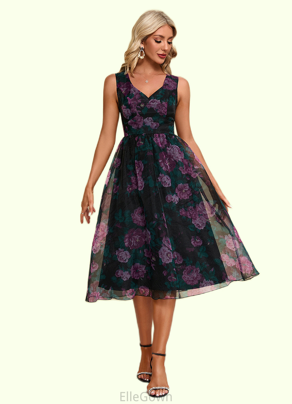 Sarah Floral Print Sweetheart Elegant A-line Organza Midi Dresses DEP0022454