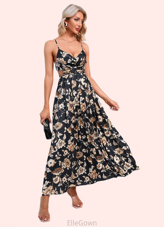 Macey Flower Ruffle Floral Print Cowl Sexy A-line Satin Maxi Dresses DEP0022468