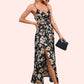 Macey Flower Ruffle Floral Print Cowl Sexy A-line Satin Maxi Dresses DEP0022468