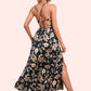 Macey Flower Ruffle Floral Print Cowl Sexy A-line Satin Maxi Dresses DEP0022468