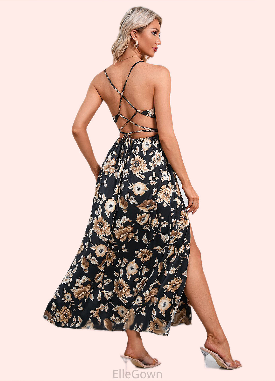 Macey Flower Ruffle Floral Print Cowl Sexy A-line Satin Maxi Dresses DEP0022468