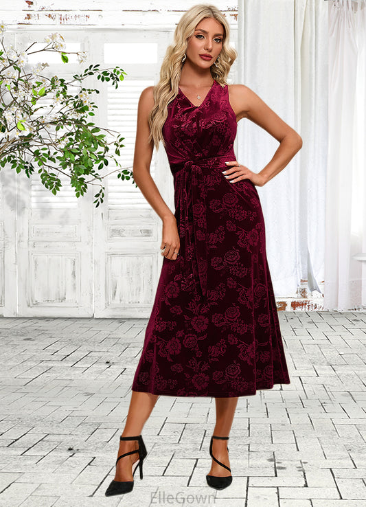 Annabel Flower V-Neck Elegant A-line Velvet Midi Dresses DEP0022504