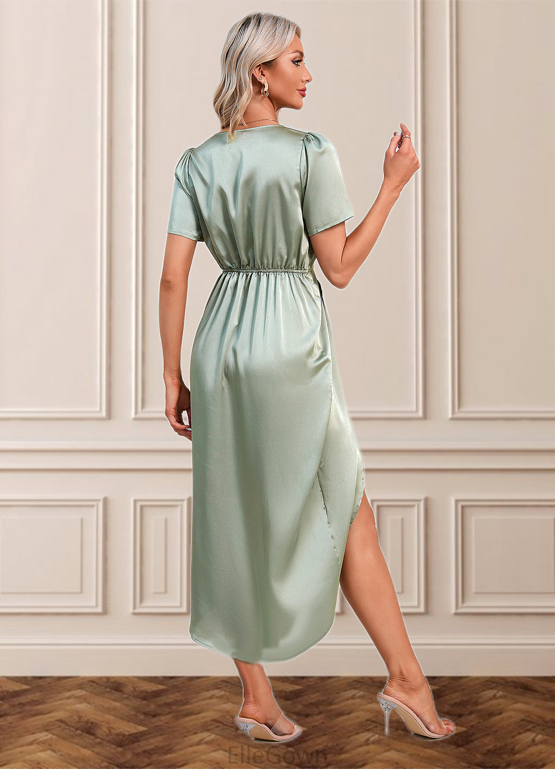 Aaliyah Ruffle V-Neck Elegant Sheath/Column Satin Dresses DEP0022510