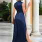 Diamond High Neck Elegant A-line Satin Maxi Dresses DEP0022520