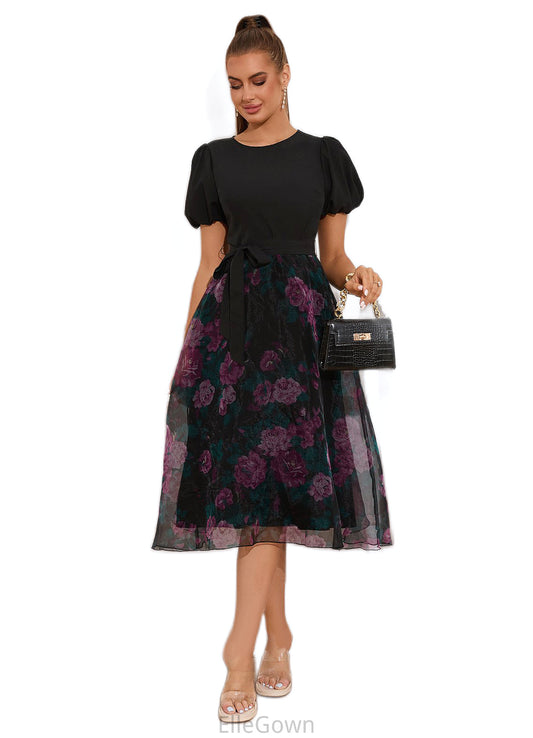 Helga Floral Print Scoop Elegant A-line Organza Midi Dresses DEP0022527