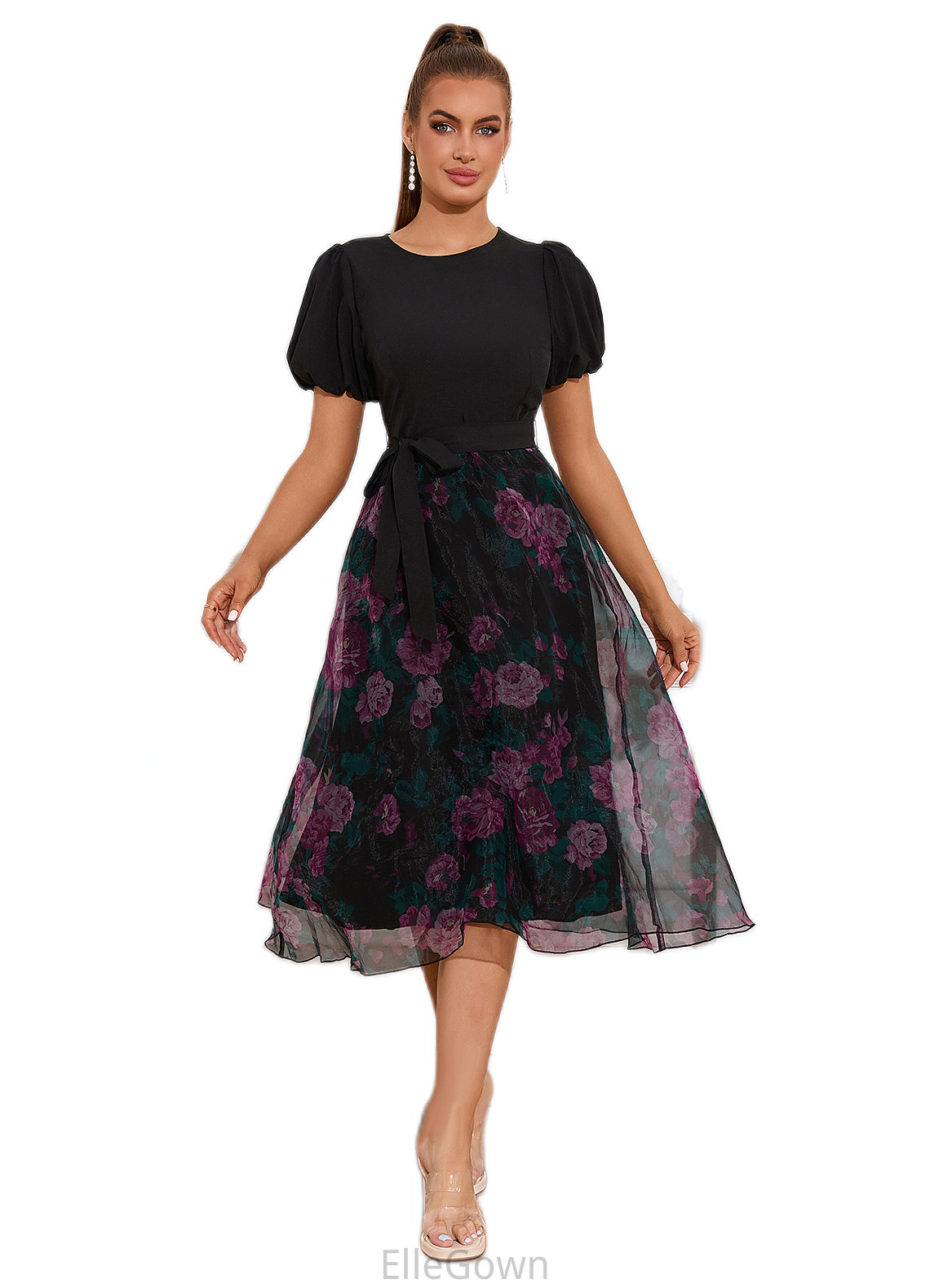 Helga Floral Print Scoop Elegant A-line Organza Midi Dresses DEP0022527