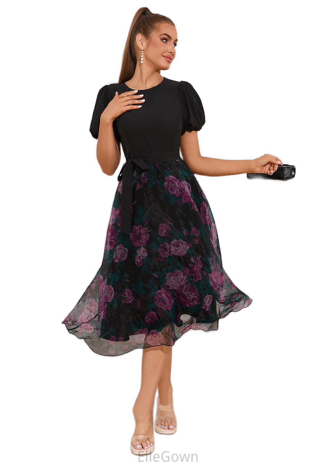 Helga Floral Print Scoop Elegant A-line Organza Midi Dresses DEP0022527