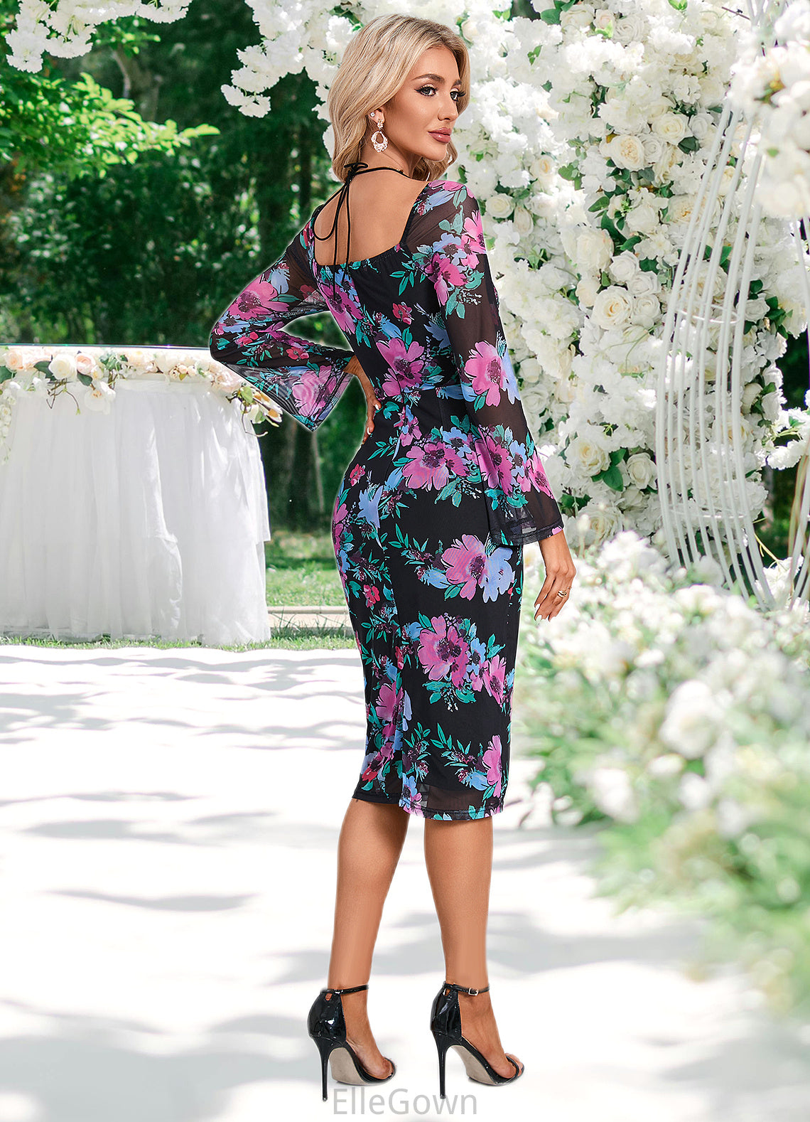 Lorena Ruffle Floral Print Sweetheart Sexy Sheath/Column Spandex Midi Dresses DEP0022540