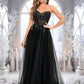 Maeve Ball-Gown/Princess V-Neck Floor-Length Tulle Prom Dresses With Sequins Appliques Lace DEP0025837