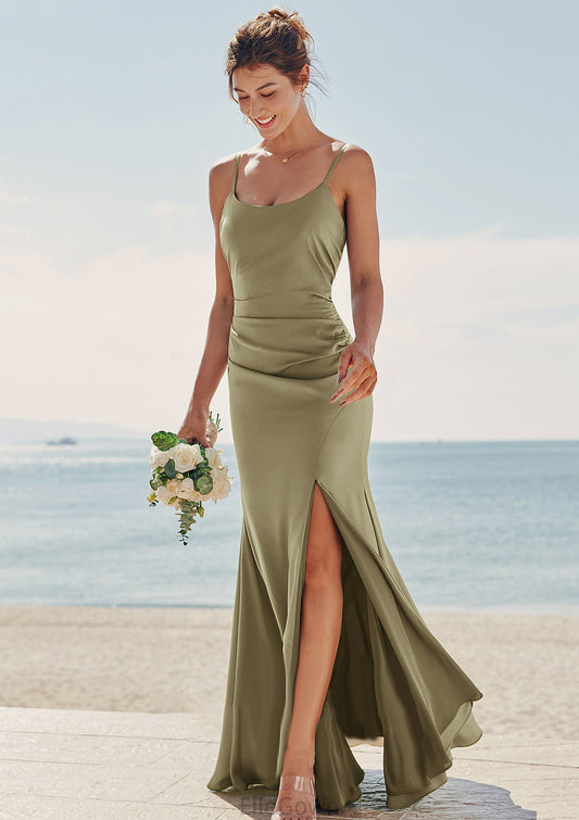 Trumpet/Mermaid Scoop Neck Sleeveless Floor-Length Stretch Satin Bridesmaid Dresses with Pleated Split Princess DEP0025219