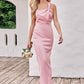 Sheath/Column One-Shoulder Sleeveless Ankle-Length Stretch Satin Bridesmaid Dresses with Pleated Carissa DEP0025220