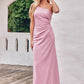 Sheath/Column One-Shoulder Sleeveless Floor-Length Stretch Satin Bridesmaid Dresses with Pleated Denisse DEP0025221