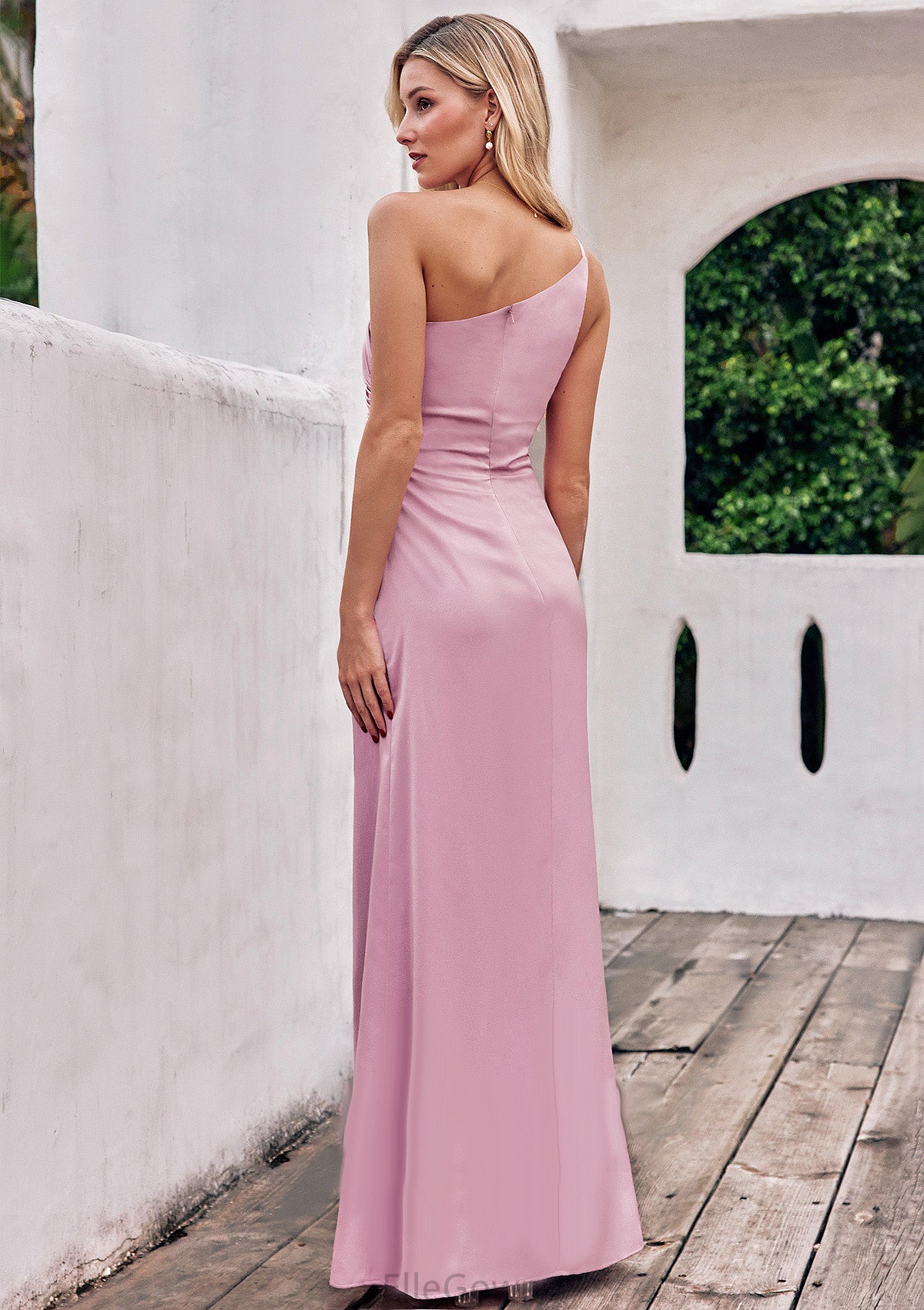 Sheath/Column One-Shoulder Sleeveless Floor-Length Stretch Satin Bridesmaid Dresses with Pleated Denisse DEP0025221