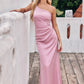 Sheath/Column One-Shoulder Sleeveless Floor-Length Stretch Satin Bridesmaid Dresses with Pleated Denisse DEP0025221